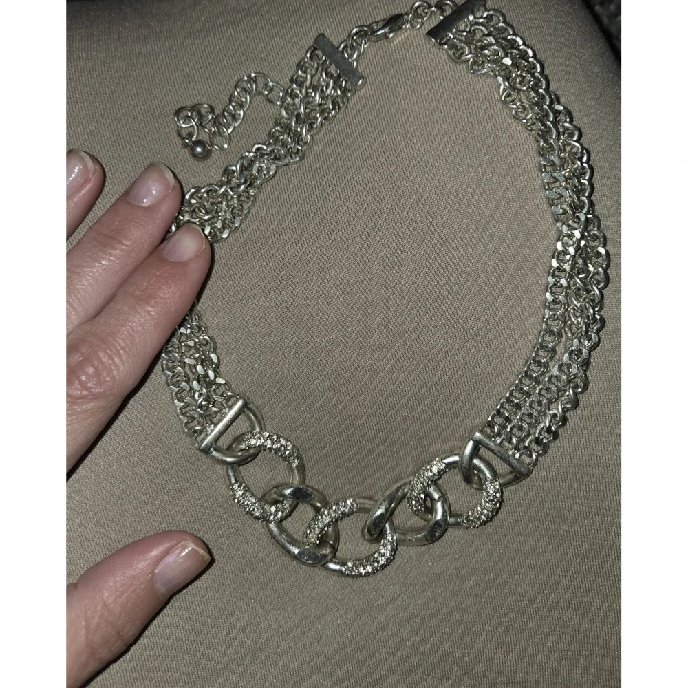 PREMIER DESIGNS SILVER & RHINESTONE CURB LINK MULTI STRAND CHAIN CHOKER NECKLACE